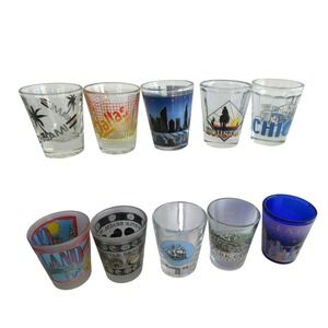 Lot of 10 Vintage Souvenir Shot Glasses Miami NYC Dallas Seattle Chicago Houston